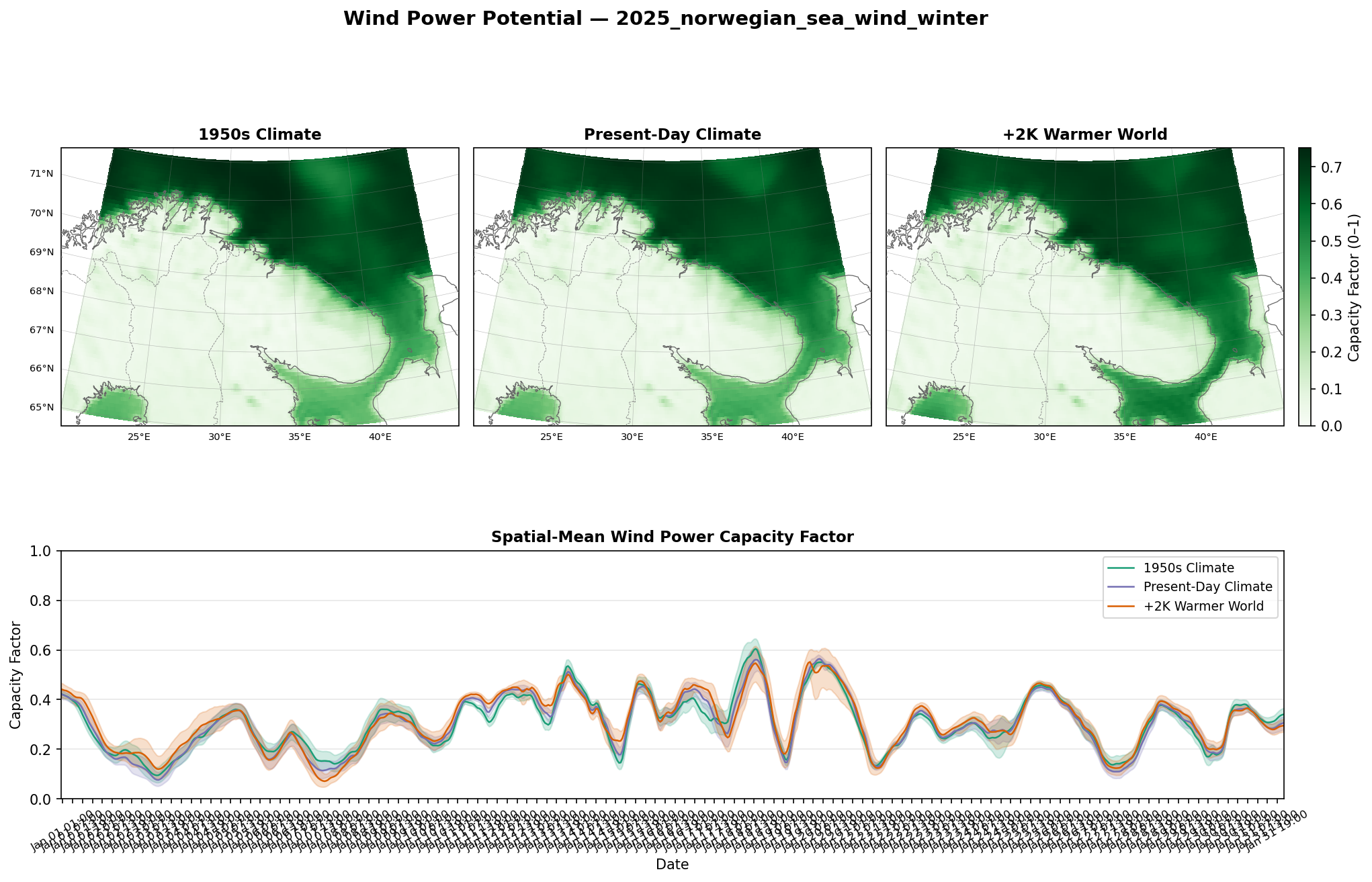 Wind Power Potential — Norwegian Sea Winter (Jan 2025, 0.1°)