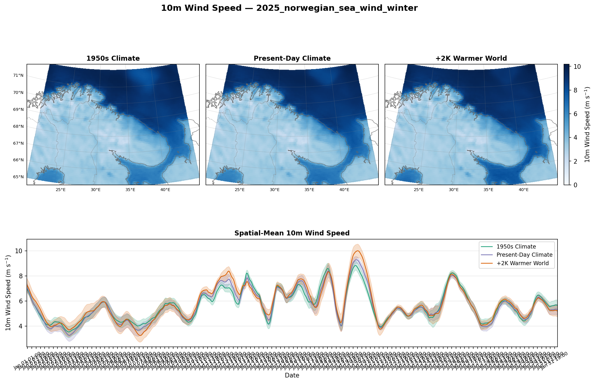 10m Wind Speed — Norwegian Sea Winter (Jan 2025, 0.1°)